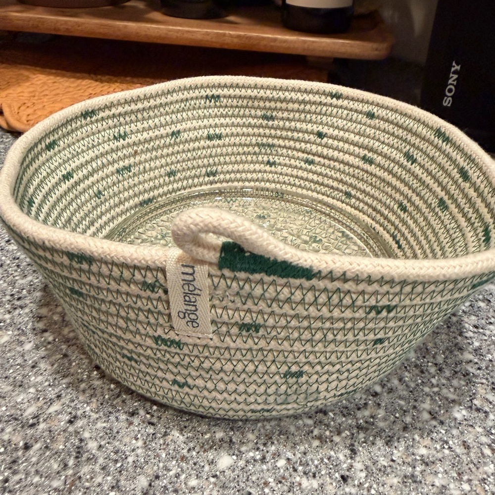 Melange Green and Cream Woven 100 percent Cotton Rope Storage Bowl W/ Glass Btm
